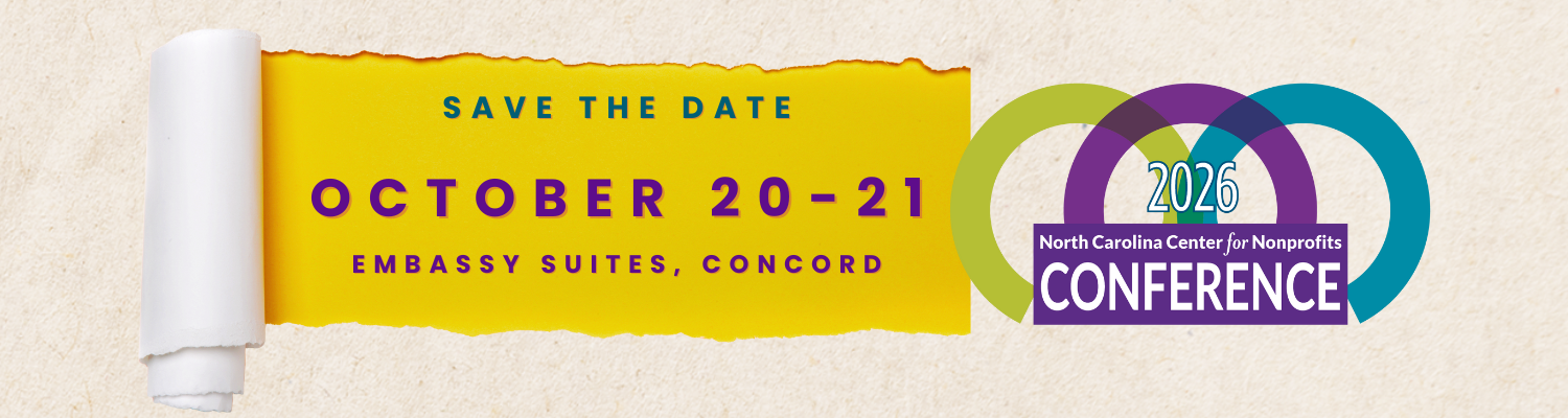 Parchment torn open in the middle to reveal a save the date message for October 20-21, 2026 for this year's Conference for NC Nonprofits.